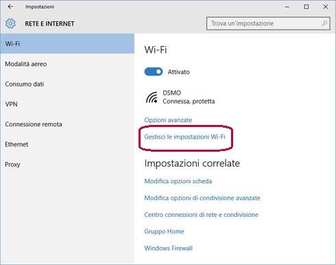 reti WiFi cliccare su Impostazioni di