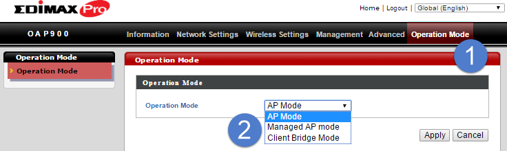 Si giunge al dashboard Edimax Pro NMS. Andare alla "Modalità operazione e selezionare Modalità AP gestiti dal menu a discesa. 8.