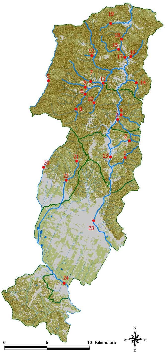 Staz. 1: Rio della Nosa loc. Savignano Staz. 2: Rio Taglio loc. Rimaggio Staz. 3: Fosso di Cambiaticcio loc. Ponte di Colle Staz. 4: Fosso dei Fornacci loc. Vetticione Staz. 5: Limentra loc.