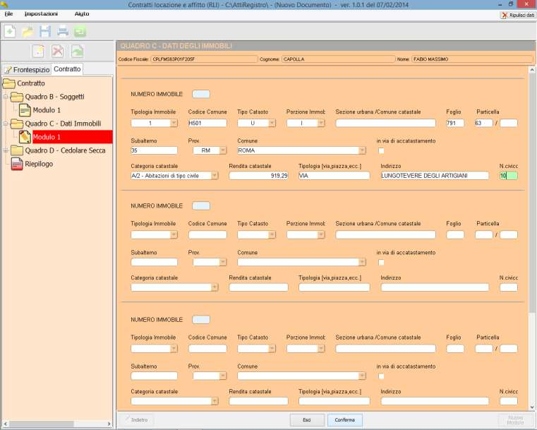 GUIDA RLI CLICCARE SU «QUADRO C» E SUCCESSIVAMENTE SU «MODULO 1» PER COMPILARE I DATI RELATIVI AGLI IMMOBILI E ALLE