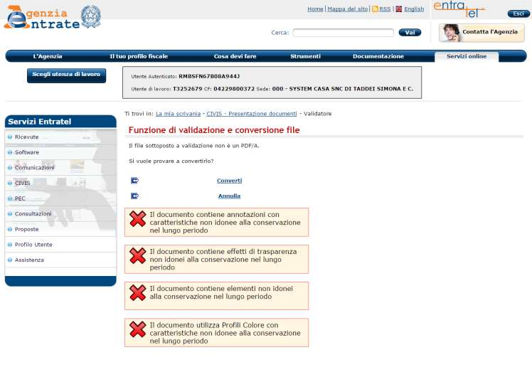 REALIZZARE UN FILE PDF/A IL FILE VIENE CONVERTITO E NE VIENE RICHIESTO IL