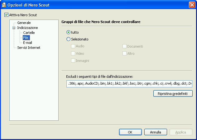 Attivazione e configurazione di Nero Scout 2.3.2 Selezione dei tipi di file Nero Scout consente di selezionare i tipi di file da indicizzare.