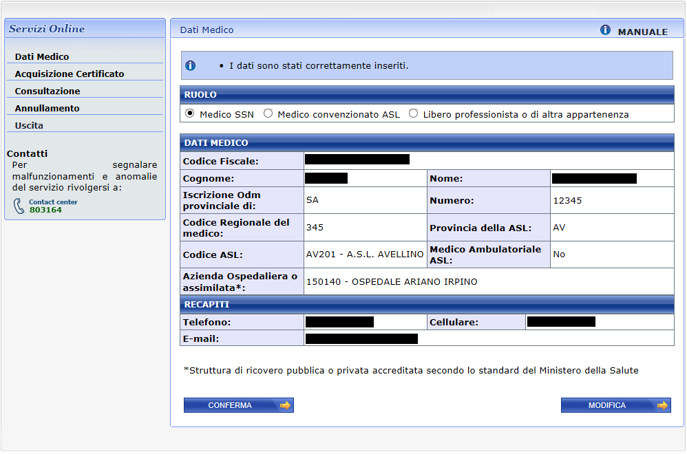 Figura 5 - Servizio On-Line Certificato constatazione del decesso Inserimento dati identificativi medico 5.