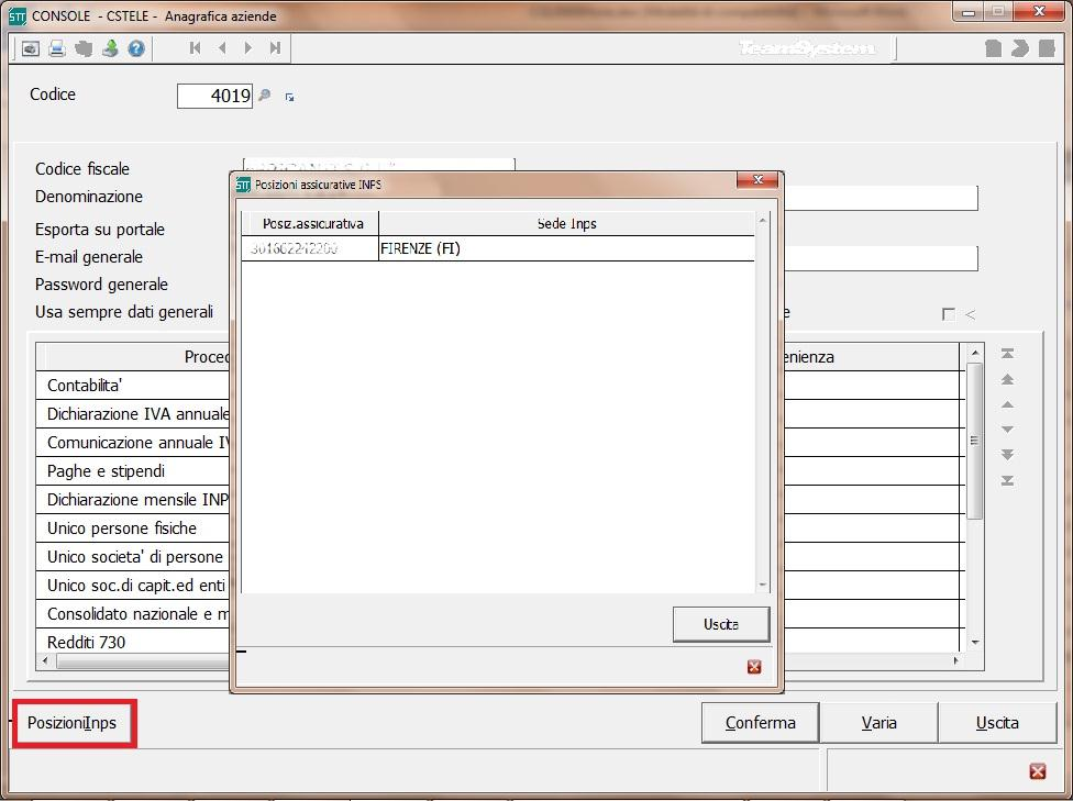 Gestione aziende È stato attivato un nuovo pulsante posizioni INPS per visualizzare l elenco dei codici INPS relativi all azienda; il pannello è in sola visualizzazione e contiene le informazioni