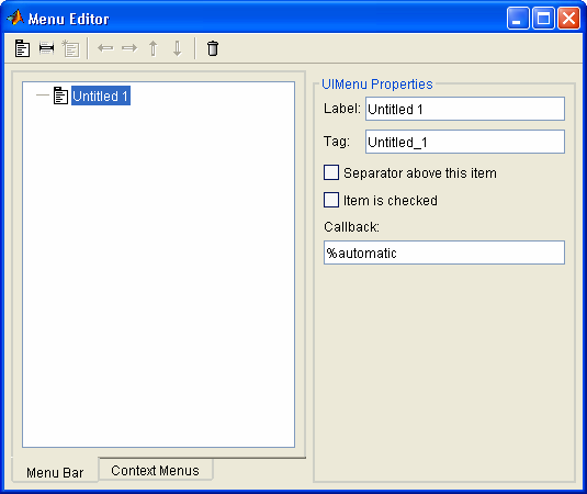 Il tool GUIDE Il menu editor Il menu editor permette di creare i menu della GUI.