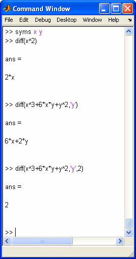 Derivazione La funzione diff consente di calcolare le derivate di espressioni simboliche.