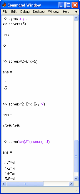 Equazioni algebriche La funzione solve risolve un equazione simbolica. Sintassi solve(e) risolve l equazione rispetto alla variabile di default.