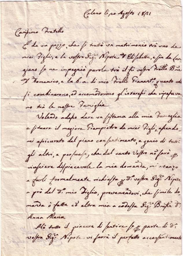 Lettera di Cristoforo Tabassi a Don Giuseppe Carosi, suo cugino, con richiesta di matrimonio