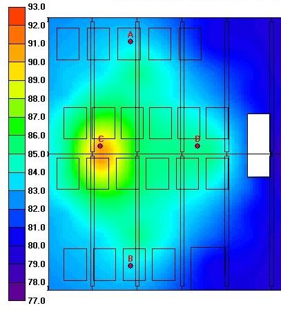 ESEMPIO: REPARTO FONDERIA La mappa a falsi colori mostra la distribuzione spaziale del livello continuo equivalente di pressione sonora, espresso in db(a), nello stato di progetto.