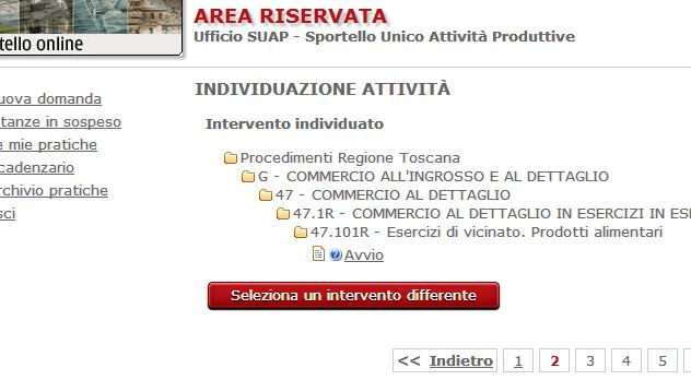 Da questo passaggio di procede attraverso il pulsante Avanti >>. Il pulsante Seleziona un intervento differente permette di tornare alla selezione precedente.