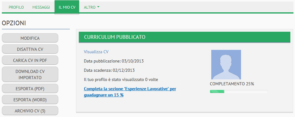 tramite il pulsante CARICA CV IN PDF: è sufficiente cliccare sul pulsante Sfoglia, selezionare il file desiderato e premere su SALVA.