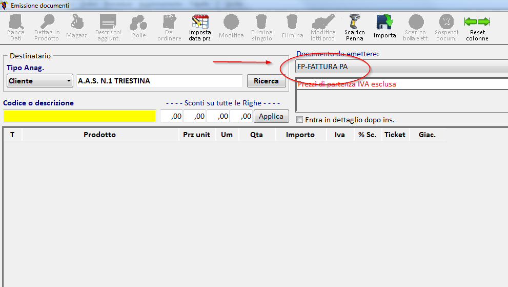 Scelto il cliente nella maschera sotto impostare il Documento da emettere utilizzando per la