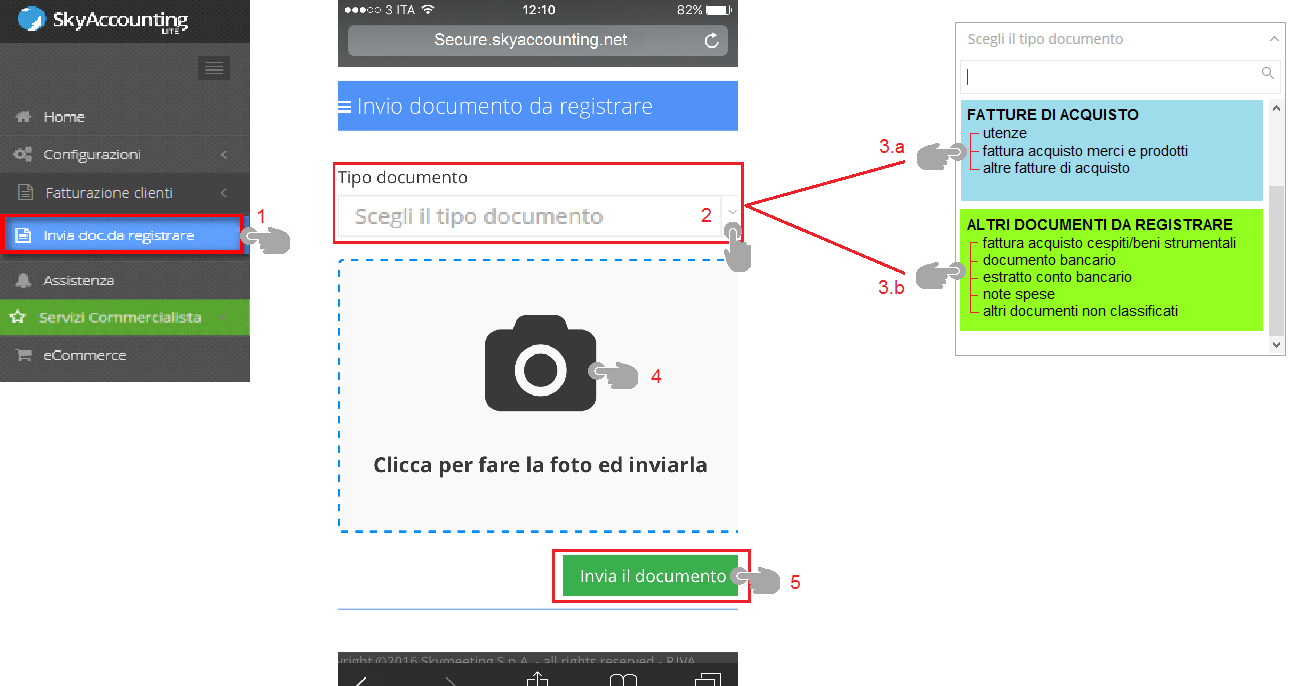 3.3 Come inviare documenti da registrare con SkyAccounting Lite 1. Seleziona dal menu la voce Invia doc. da registrare 2. Clicca su Scegli il tipo documento 3.