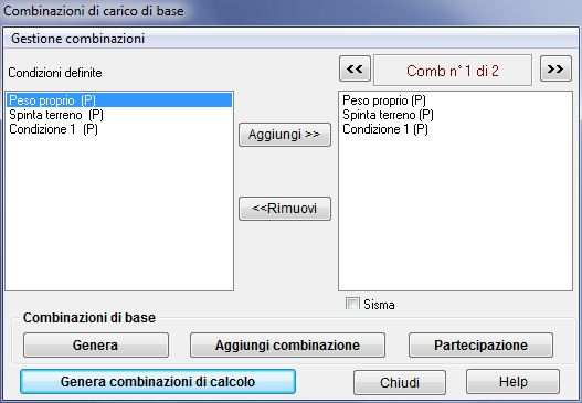 7.2. Combinazioni di carico di base Alla finesra di visualizzazione Combinazioni di carico di base si accede dall omonima voce del menu Carichi o dal pulsane della barra dei comandi.