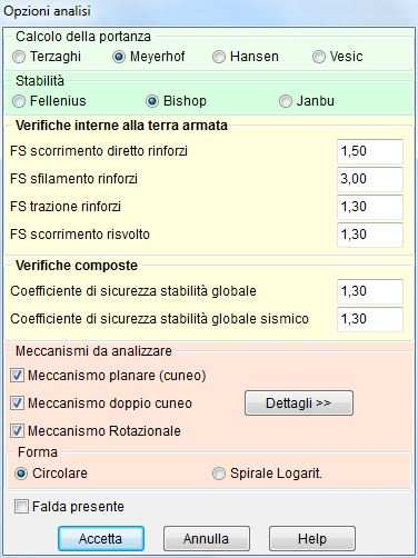 Dalla finesra è possibile definire: Meodi di calcolo della poranza del erreno di fondazione (a scela ra i meodi di Terzaghi, Meyerhof, Hansen e Vesic); Meodi di calcolo per la sabilià del pendio