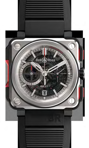 BR-X1 SKELETON CHRONOGRAPH EDIZIONE LIMITATA A 250 PEZZI PULSANTE A BASCULA A avvio / arresto del cronografo CRONOGRAFO lancetta dei secondi LANCETTA DELLE ORE CRONOGRAFO lancetta dei minuti LANCETTA