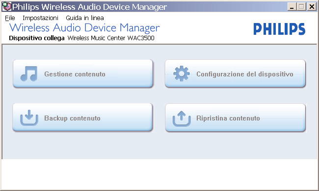 B2 Utilizzo del WADM Trasferimento dei file musicali dal PC al Center 1 Fare clic su Content management Verrà visualizzata una nuova finestra.