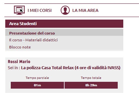 L'area interna ad ogni corso presenta un menu a sinistra attraverso il quale navigare tra i vari elementi: 1. Presentazione del corso 2. Materiali didattici 3.