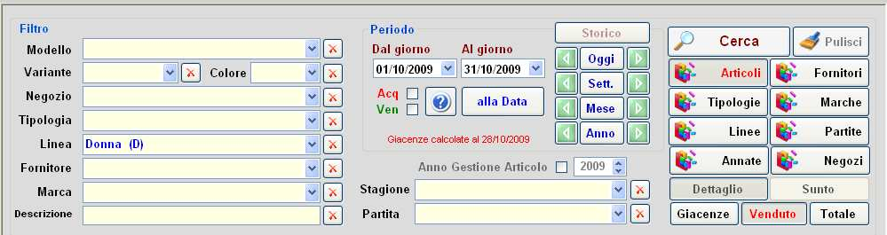 20. Riepilogo Venduto - Giacenze Questo importante pannello è lo strumento principale di analisi delle Vendite soprattutto quando esiste la necessità di confrontarle direttamente con le Giacenze.