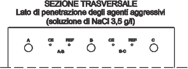 Capitolo 1 - Il Calcestruzzo Armato. Corrosione delle Armature e Forme di Degrado. Figura 15: disposizione degli elettrodi di acciaio.