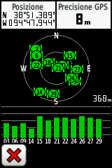 Strumenti aggiuntivi Cruscotto Posizione dei satelliti Quota Potenza dei satelliti Pagina Satellite Gli indicatori verdi indicano la potenza del segnale GPS.