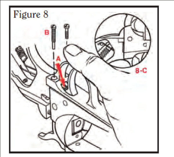 10. (riferirsi a fig. 8). Arretrare leggermente il cane e inserire l impugnatura sul telaio.