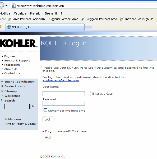 PART 2 - ON LINE PARTS CATALOGUE / PARTE 2 CATALOGO RICAMBI ON-LINE Kohler parts documentation is entirely on Internet and only in English language. Digit website www.kohlerplus.