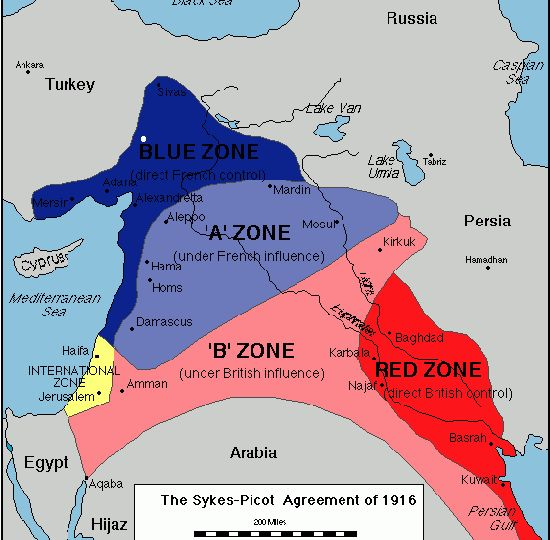 Gran Bretagna: controllo di un territorio comprendente Iraq e Transgiordania Francia: influenza Siria e Libano fino