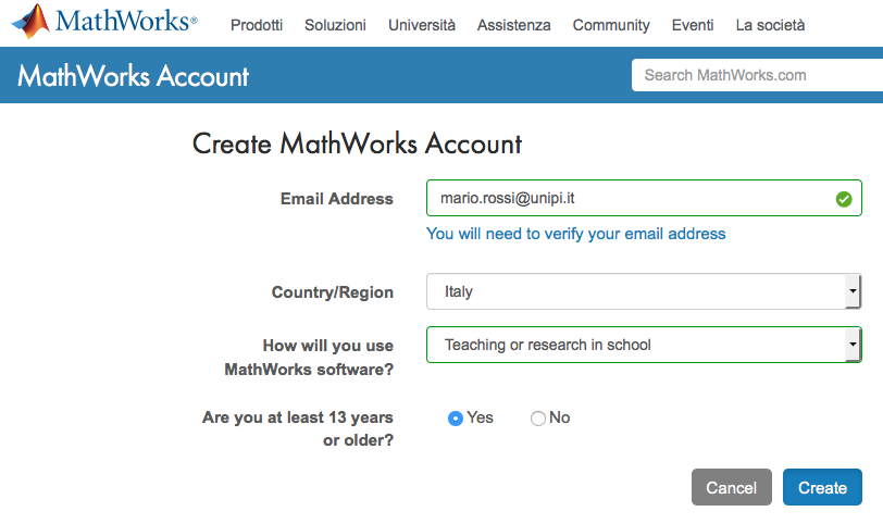A) Registrarsi sul sito della MathWorks (Nuovi Utenti MatLab) 1. Collegarsi al sito www.mathworks.it e selezionare Entra in alto a destra 2.