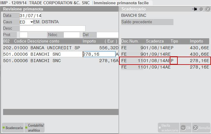 Nel caso in cui si visualizzi lo scadenzario con una data di accesso a Mexal Express