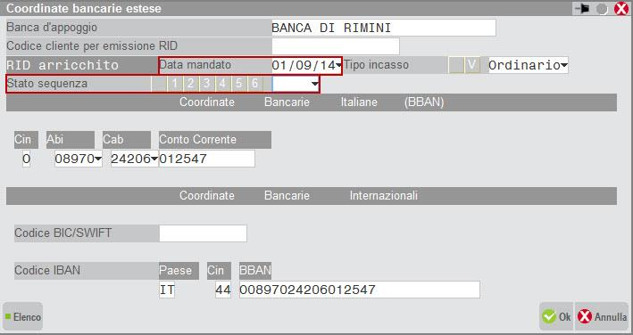 Per gli incassi con RID occorre anche compilare i campi relativi all emissione del Rid arricchito: Data mandato Stato sequenza.