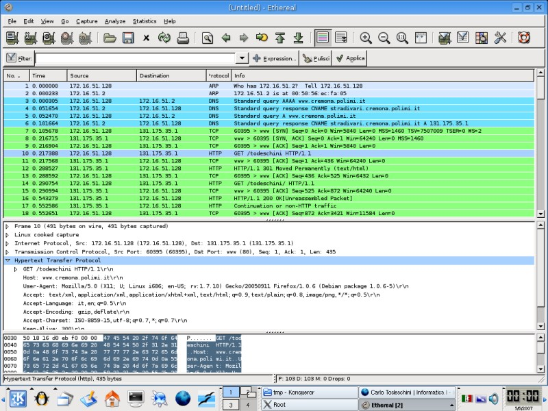 Fig. 1: La schermata di Wireshark Appena sotto la barra dei menu è presentata una serie di icone che permettono di accedere alle funzionalità più utili.