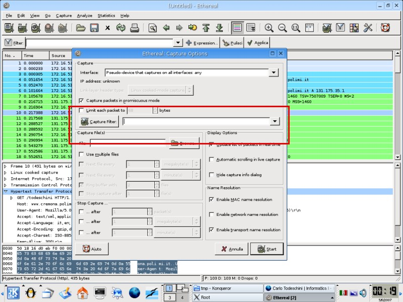 Fig. 3: Impostazione dei filtri di cattura in Wireshark Ad esempio: per catturare il traffico in/out verso un dato host: host <IP> per catturare il traffico