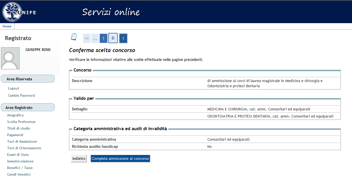 7. Procedere all inserimento del codice di registrazione rilasciato dal sito Universitaly e passare alla pagina