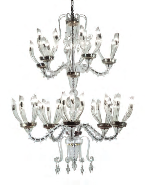 LC400/ 25+15 Lampadario a 2 piani con 40 luci in vetro di Murano color cristallo e fondini in metallo color ramato antico. Montatura in metallo nikelato. Design Giovanni Luca Ferreri.