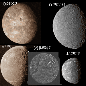 Una immagine di Urano con l'anello Epsilon ed alcuni dei suoi satelliti.