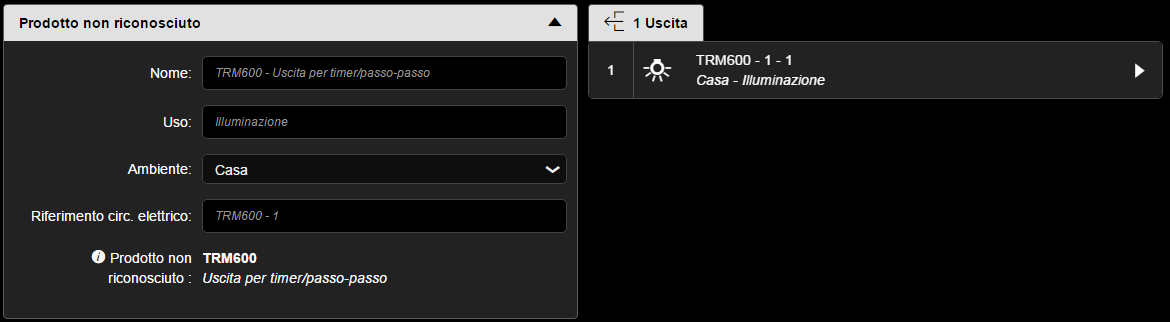 4. Programmazione con Easy Tool 4.1 Apprendimento del prodotto Vista del prodotto: Vista delle vie: 0 Ingresso 1 Uscita TRM600-1 - 1 Casa - Illuminazione N.B.