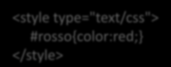 Classi e ID Esempio: <p class="testorosso">...</p> <div class="testorosso">...</div> <table class="testorosso">...</table> <p class="testorosso">...</p> <style type="text/css">.