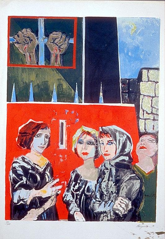 Tre donne davanti a una prigione (serigrafia), Aldo Borgonzoni,