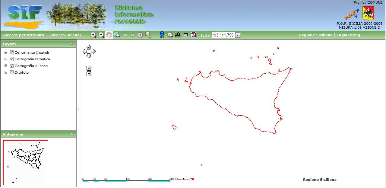 L utente, dopo aver effettuato la fase di Login sulla home page del sistema WebGIS, visualizza l interfaccia rappresentata nella sottostante figura: Figura 2 Interfaccia WebGIS SIF Sinteticamente le