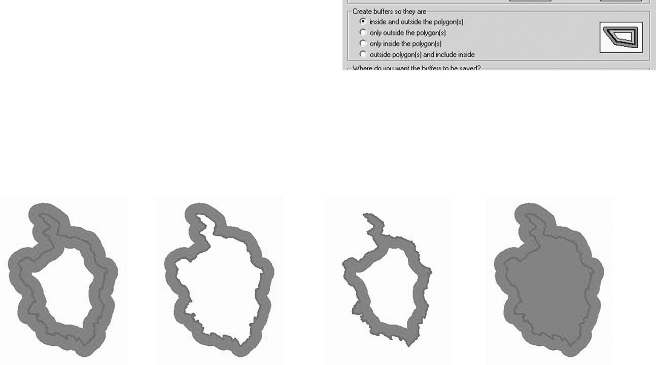 Buffering in ArcMap: Buffer Wizard 3/4 Nel caso di operazioni di buffer esercitate su oggetti poligonali, l utente deve decidere la natura