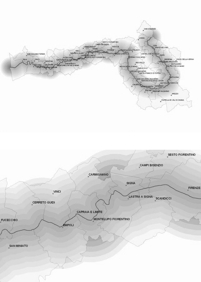 Esempio di buffering: visualizzazione area di influenza sfocata A quale diversa distanza dall Arno sono collocati i centri capoluogo dei comuni toscani interessati dal passaggio del fiume?