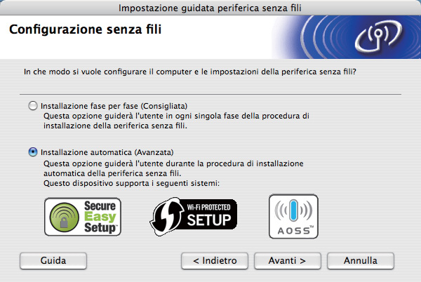 Rete senza fili Macintosh g Scegliere Installazione automatica (Avanzata), quindi fare clic su Avanti. Utilizzare un oggetto appuntito, ad esempio una penna a sfera, per premere il pulsante.