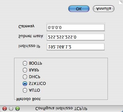 Se alla rete è collegato un server DHCP/BOOTP/RARP, non è necessario eseguire la seguente operazione perché il server di stampa otterrà automaticamente l'indirizzo IP.