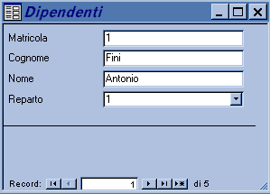 Nella maschera di esempio che segue, si notano alcuni controlli di tipo casella di testo e un controllo casella combinata per la scelta del Reparto.