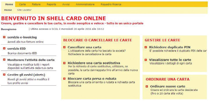 SITO WEB 2.0 PAGINA INIZIALE E FUNZIONI IN SHELL CARD ONLINE Dopo aver effettuato la registrazione, si apre la pagina iniziale di Shell Card Online.