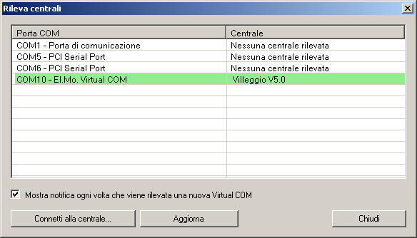 centrali connesse al PC, a quale porta COM/USB e la loro versione firmware. Aggiorna la schermata di rilevazione centrali.