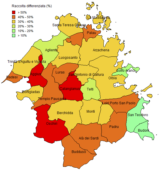 Provincia di Olbia Tempio Settore Ambiente e sostenibilità Percentuale di raccolta differenziata al 2010 dettaglio comunale Comune % RD Comune % RD Aggius 52,4% Luogosanto 35,7% Aglientu 29,0% Luras