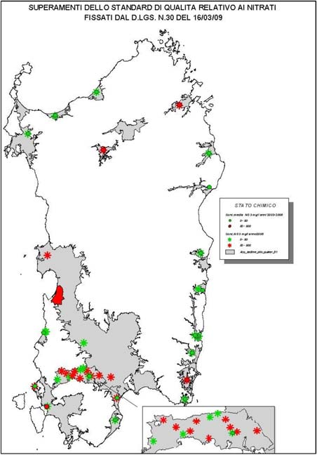 Sulla base dei dati di monitoraggio raccolti tra il 2003 e il 2008, si riportano di seguito le mappe, tratte dal Piano di gestione del distretto idrografico, che riportano una sintesi della
