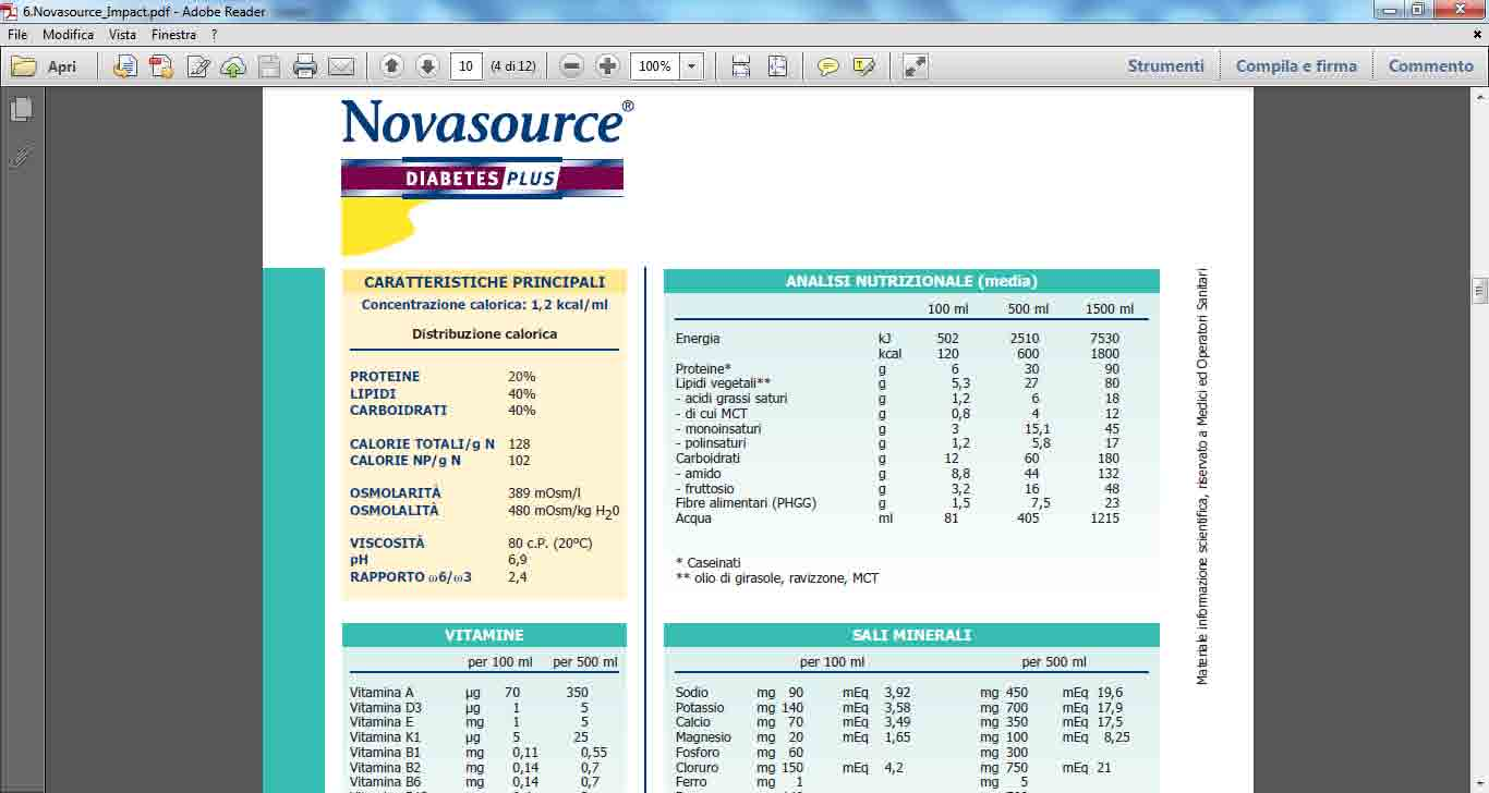 NUTRIZIONE ENTERALE MISCELA Novasource Diabetes Plus TEMPO E MODALITA D INFUSIONE Continua nelle 24 h Pompa peristaltica VELOCITA D INFUSIONE